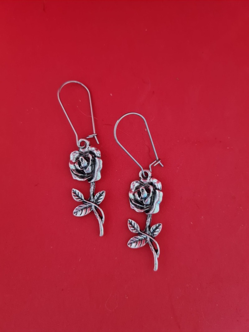 Rose Flower Sterling Silver Charm Dangle Earrings