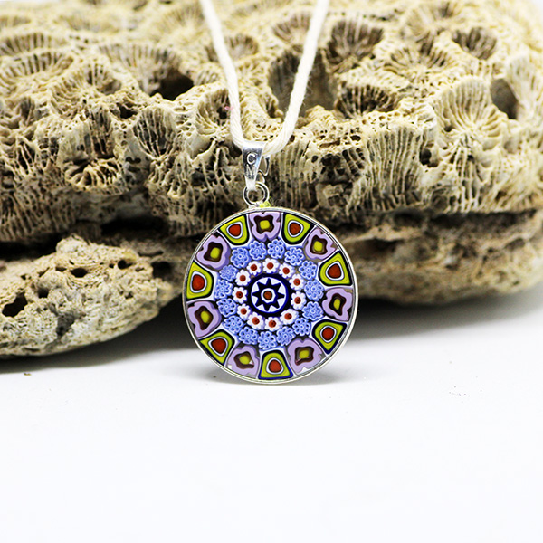 Collier & Boucles D'oreilles Millefiori Vert / Cristal - FAIT MAIN - Pendentif Peace - Plaqué Or