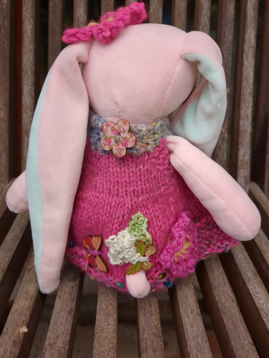 Soft toy rabbit in handknitted outfit ⋆ Spend With Us - Buy From a Bush ...